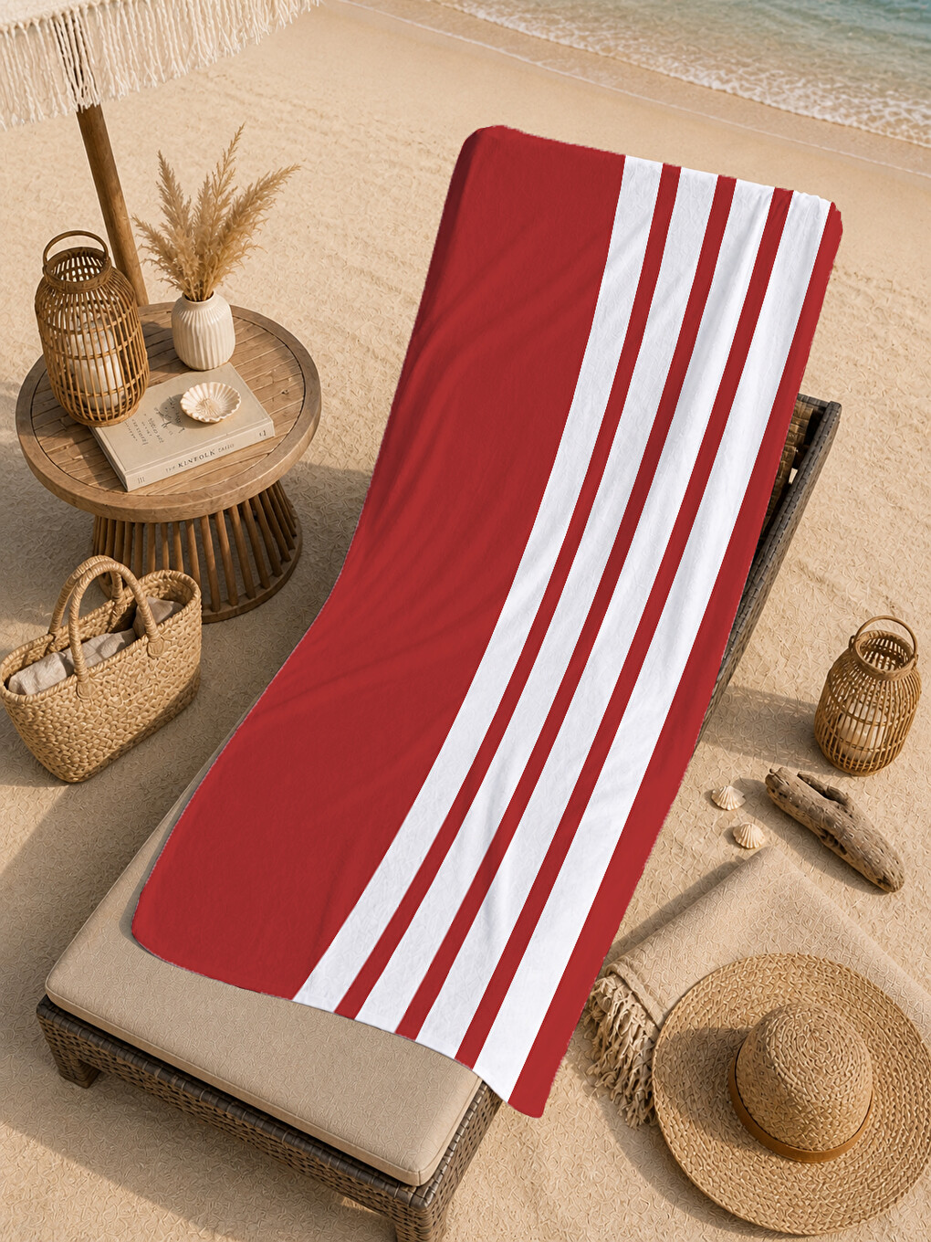 Milbay Grup Kırmızı Krem Kalın Dikey Çizgili 70x150 Cm Dijital Plaj Ve Banyo Havlusu-37328-4