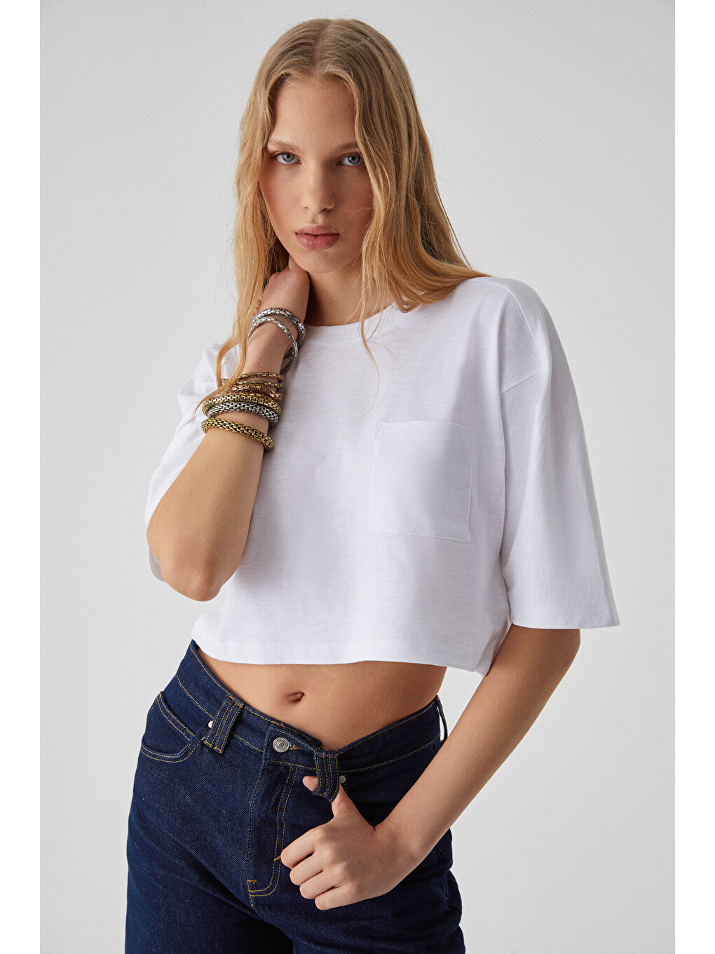 Qefkop Kadın %100 Pamuk Bisiklet Yaka Oversize Beyaz T-shirt-2