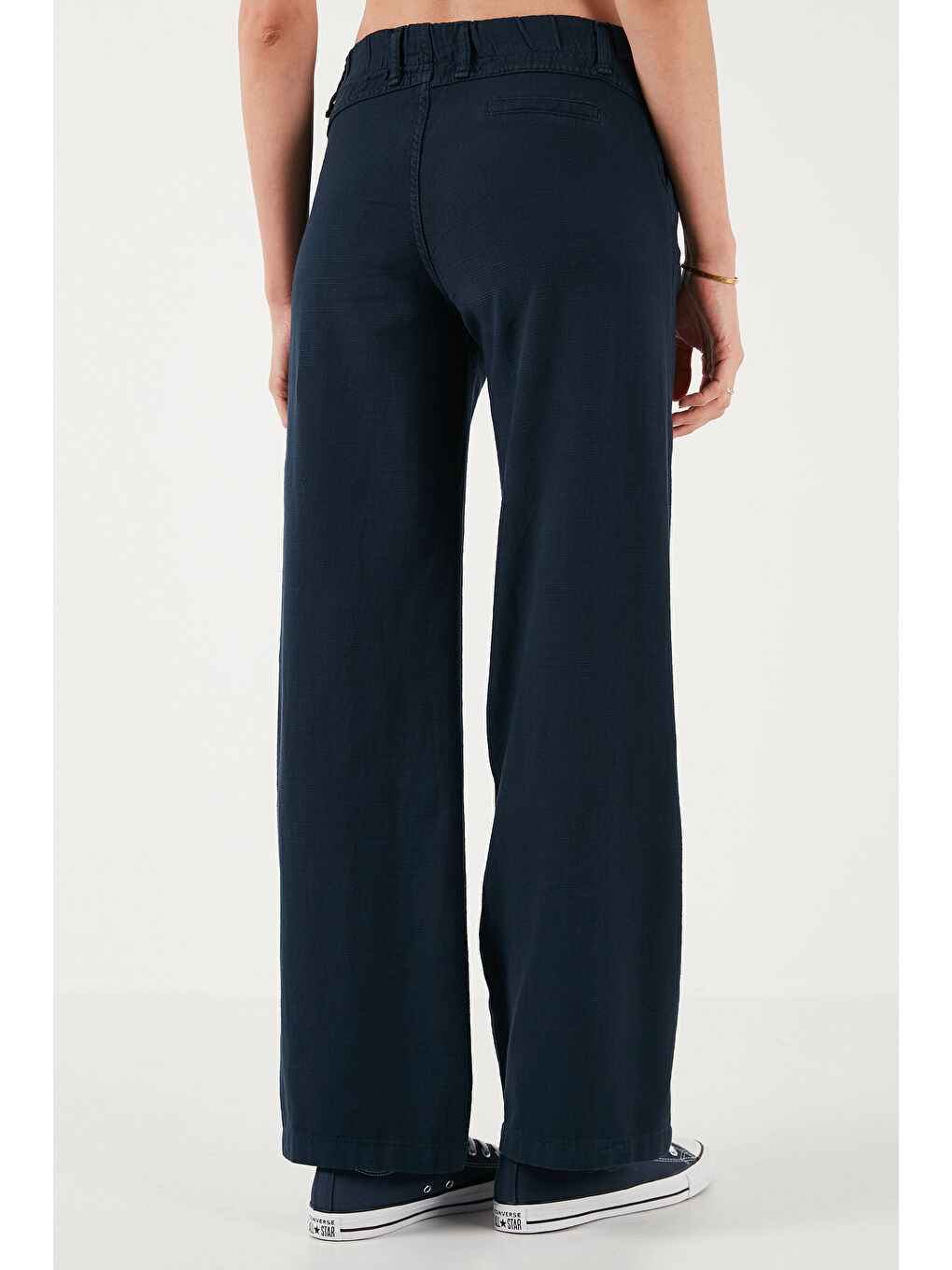 Lacivert Pamuklu Standart Fit Yüksek Bel Geniş Paça Pantolon 668Yp5193-5