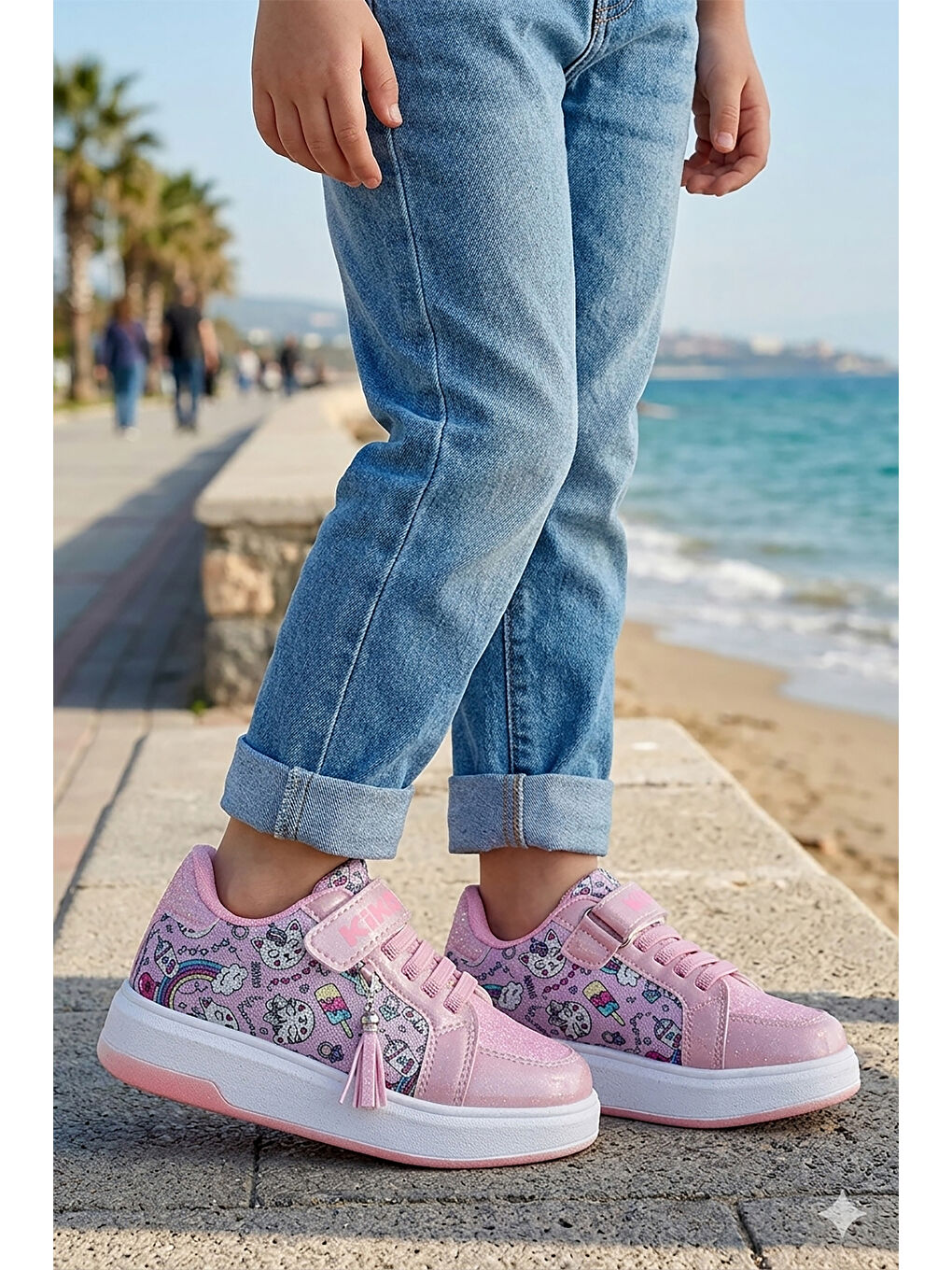 Pembe Maria Cırtlı Simli Kız Çocuk Spor Ayakkabı-2