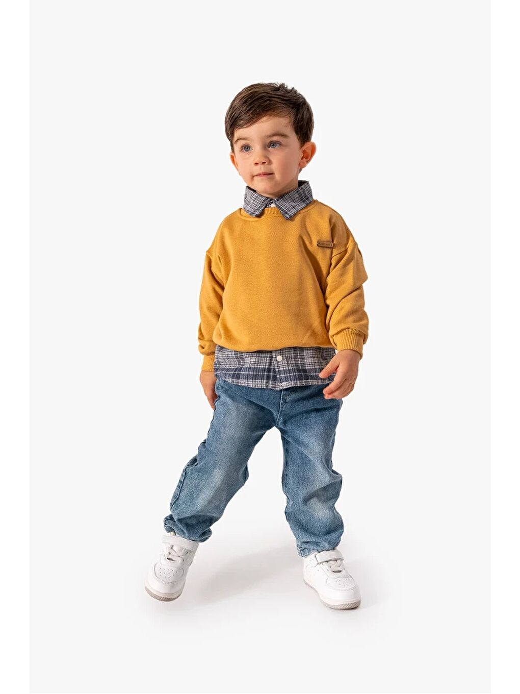Turuncu Erkek Bebek Gömlek Sweatshirt ve Jean Pantolon 3'lü Takım 9064-10