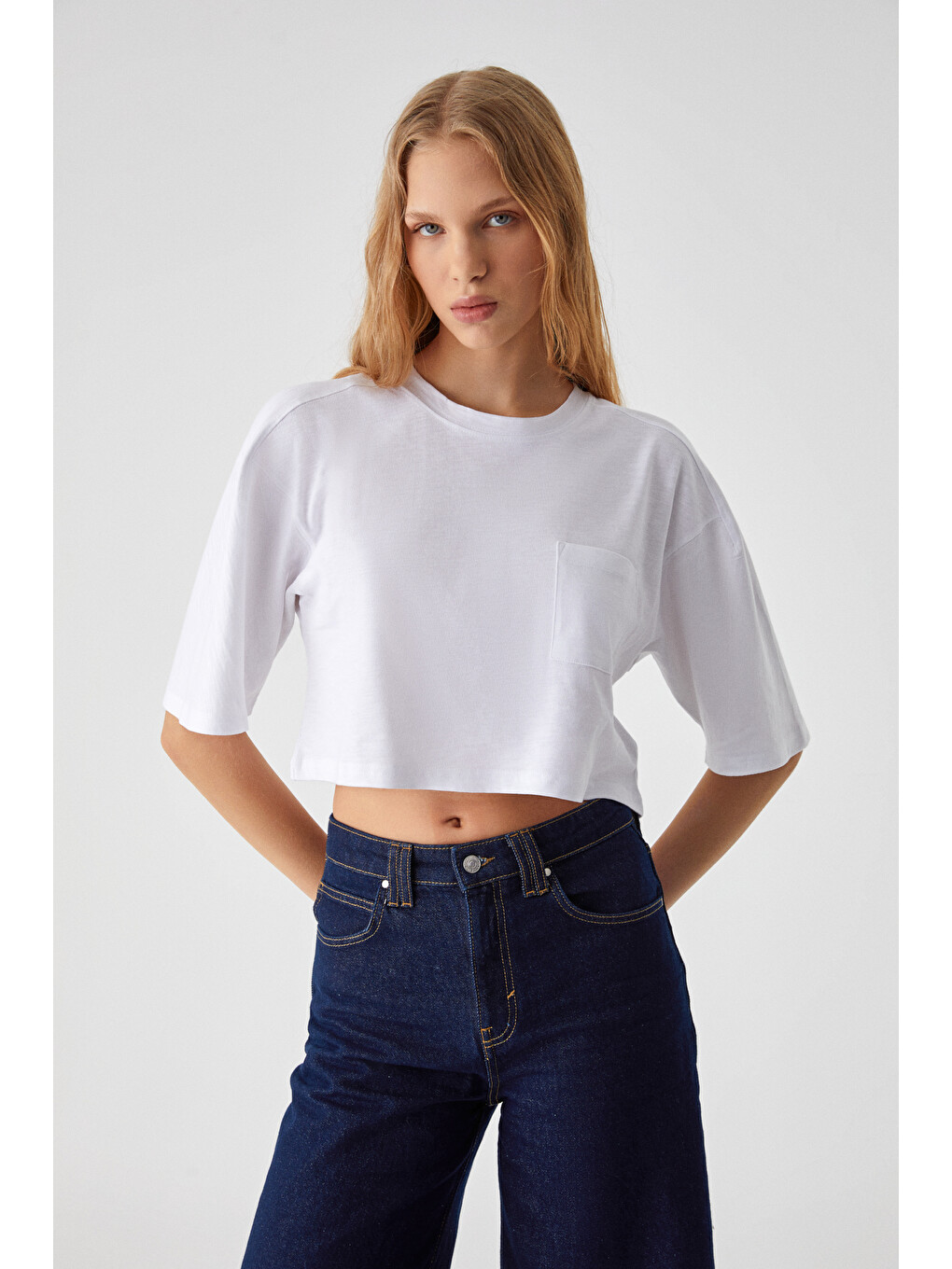 Qefkop Kadın %100 Pamuk Bisiklet Yaka Oversize Beyaz T-shirt-3