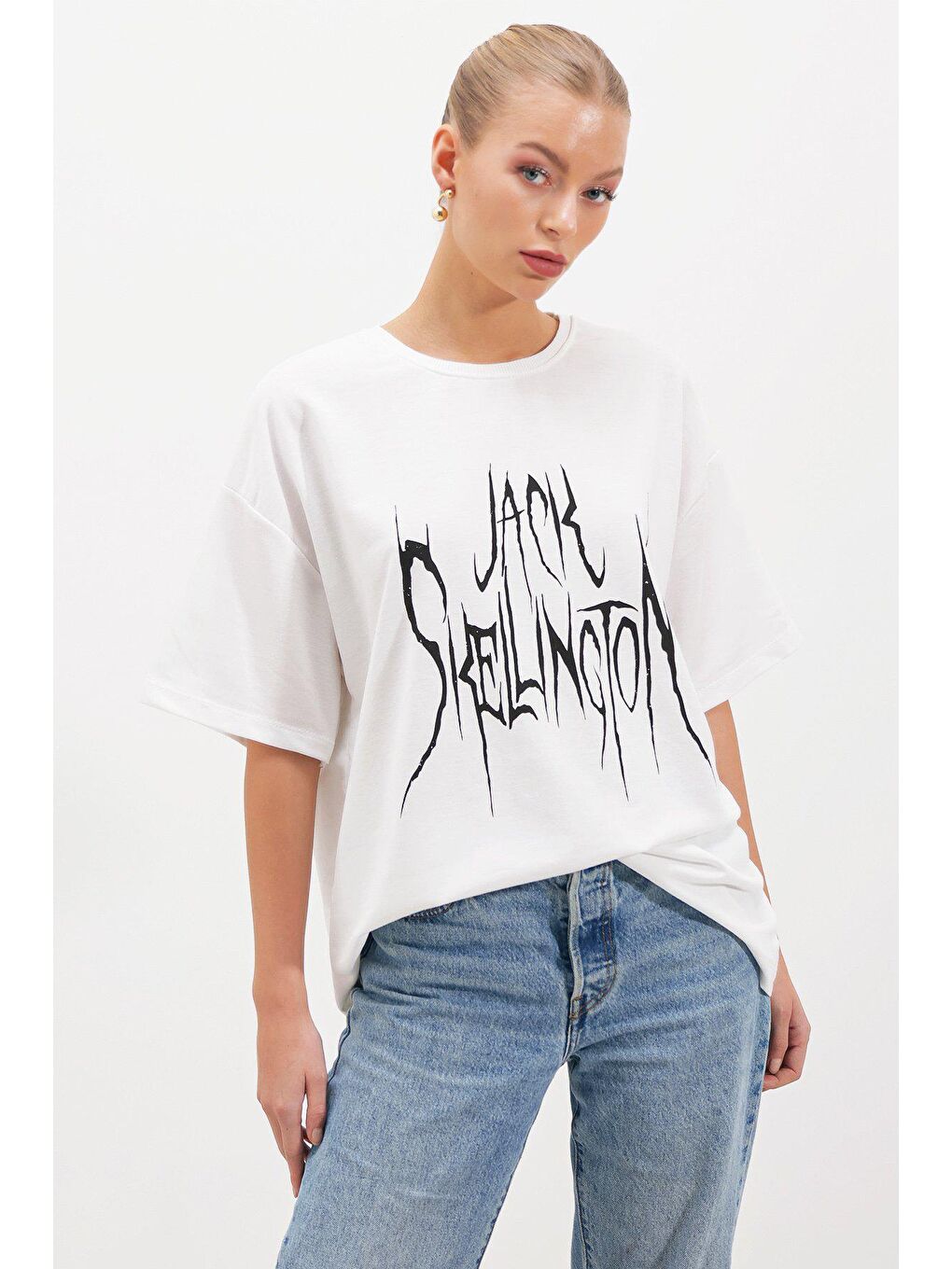 Beyaz İki İplik Jack Skellıngton Baskı T-SHİRT
