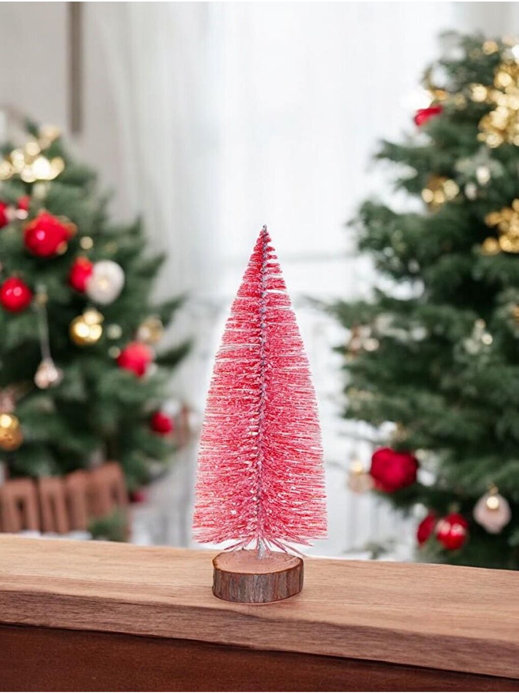 Sarı Mini Yılbaşı Ağacı Dekoratif Simli Çam Ağacı Pembe 20 Cm