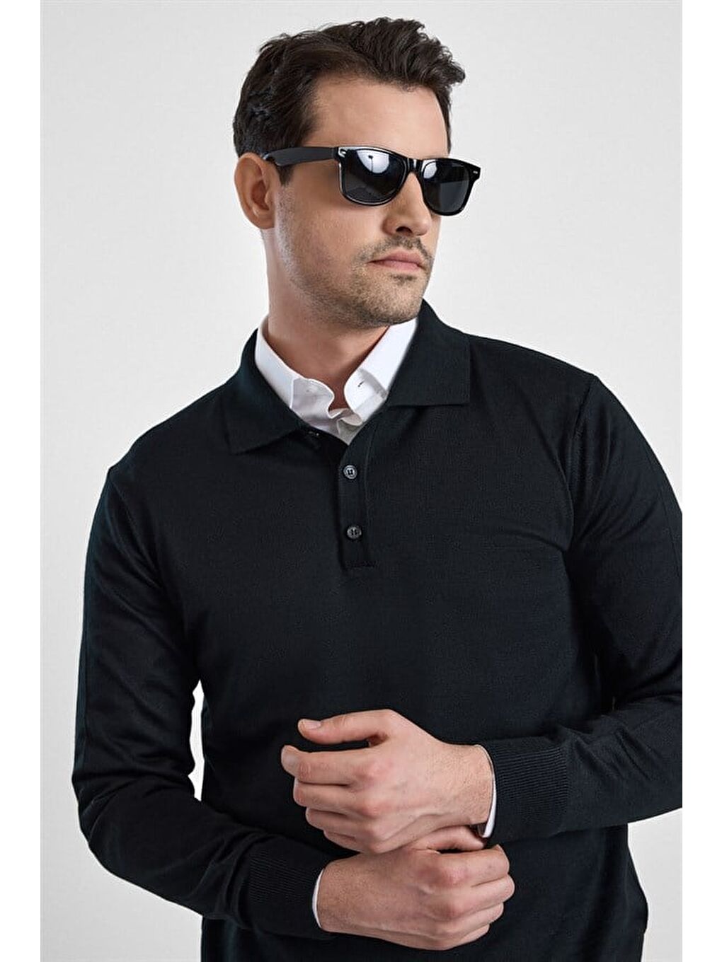 Siyah Regular Düz Düğmeli Polo Yaka Kazak-1