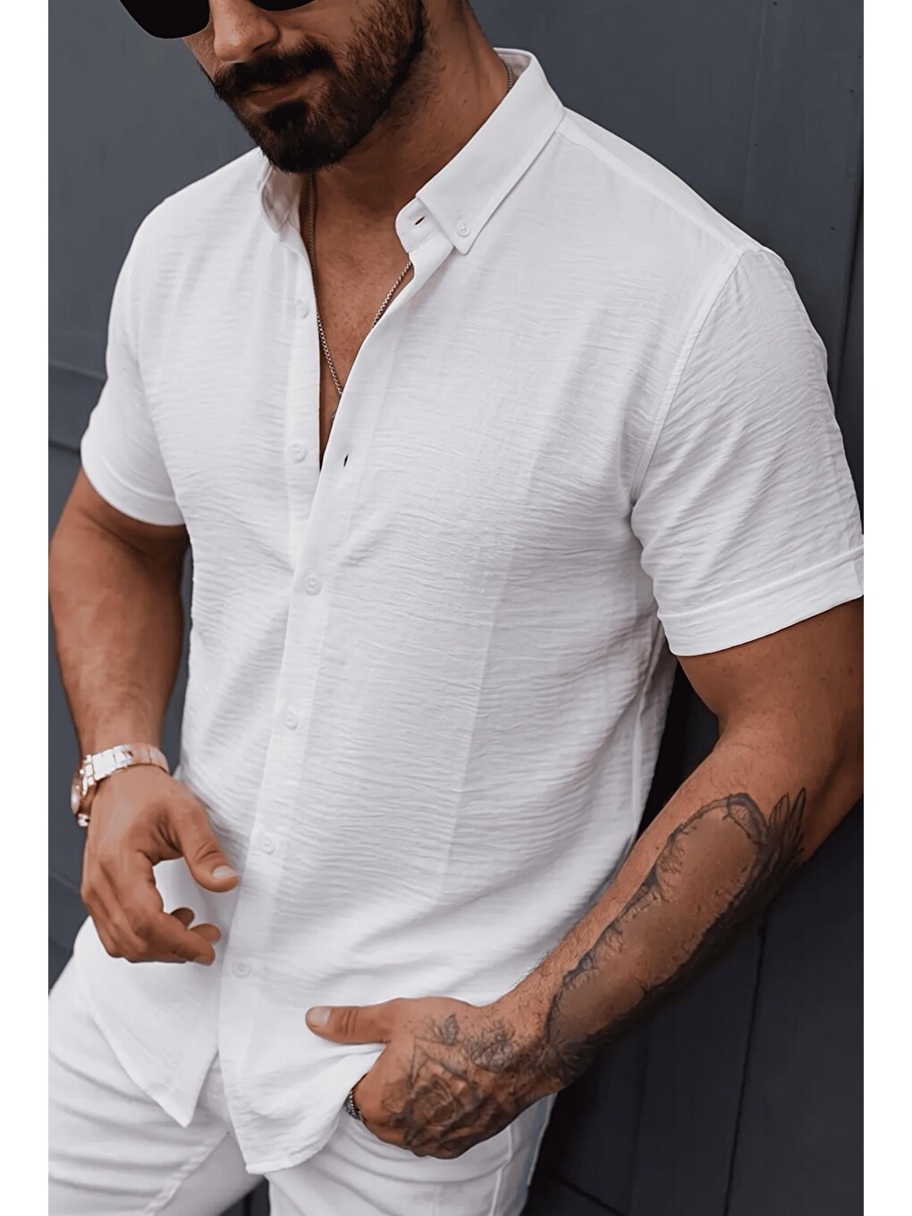 Beyaz Tizza Erkek Slim Fit Kendinden Dokulu Kısa Kollu Yazlık Gömlek-1
