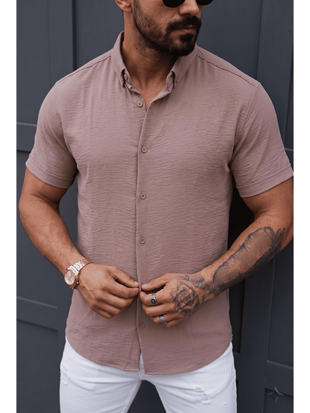 Kahverengi Tizza Erkek Slim Fit Kendinden Dokulu Kısa Kollu Yazlık Gömlek-1