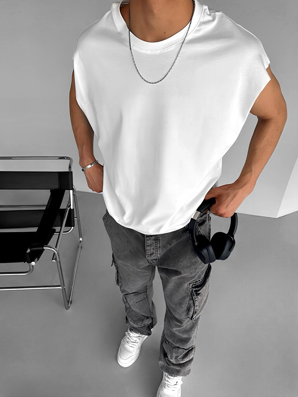 Erkek Oversize Dokulu Yuvarlak Yaka Kolsuz %100 Pamuk Tişört Beyaz-5