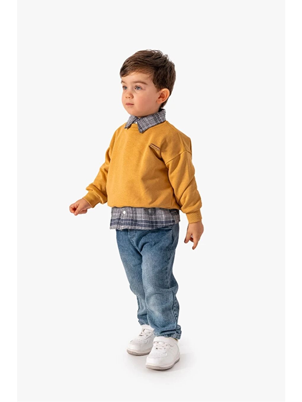 Turuncu Erkek Bebek Gömlek Sweatshirt ve Jean Pantolon 3'lü Takım 9064-11