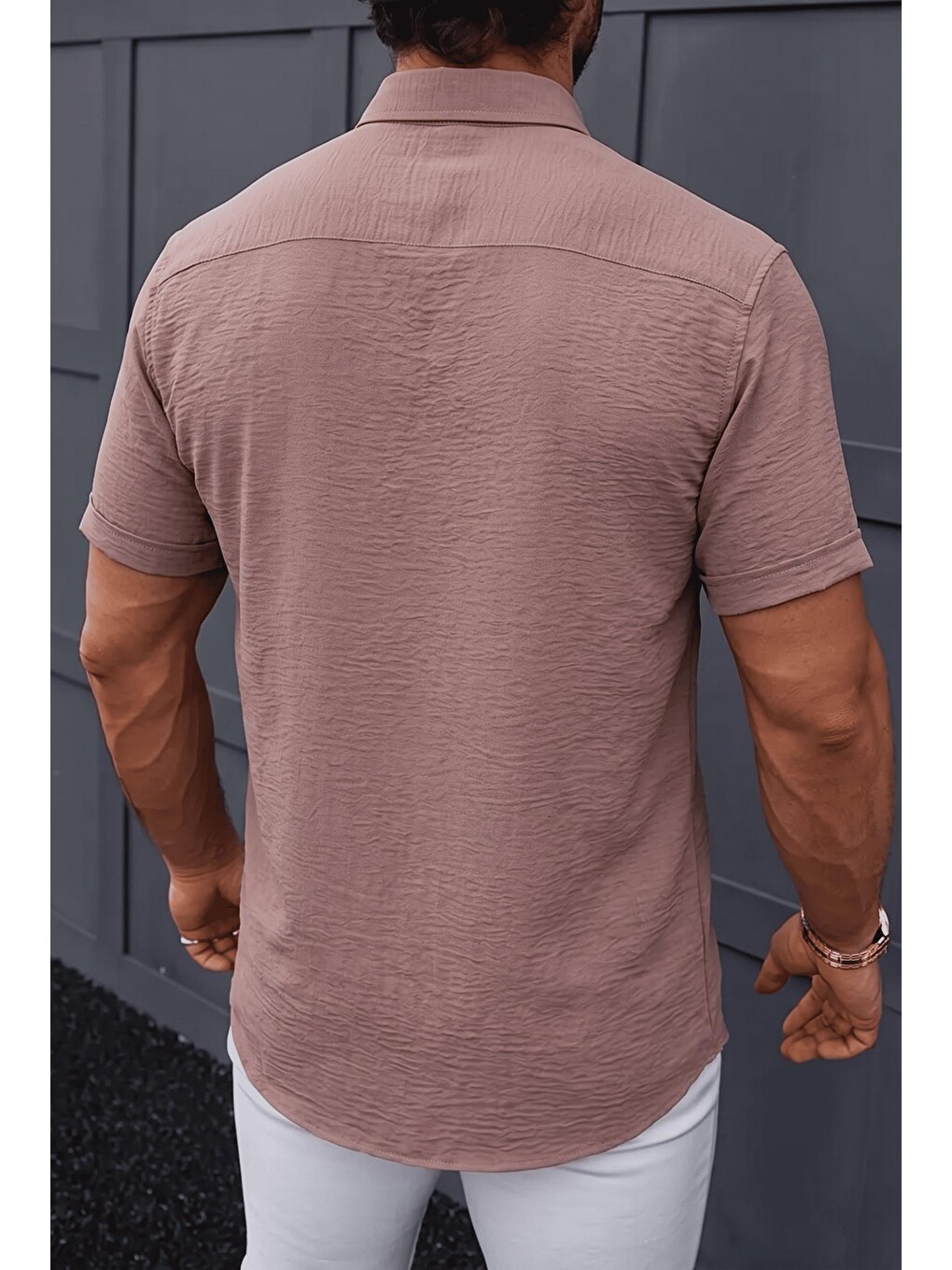 Kahverengi Tizza Erkek Slim Fit Kendinden Dokulu Kısa Kollu Yazlık Gömlek-2
