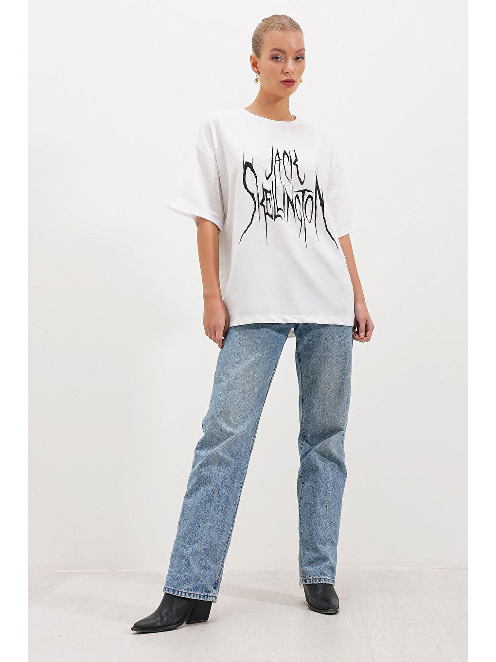 Beyaz İki İplik Jack Skellıngton Baskı T-SHİRT-1