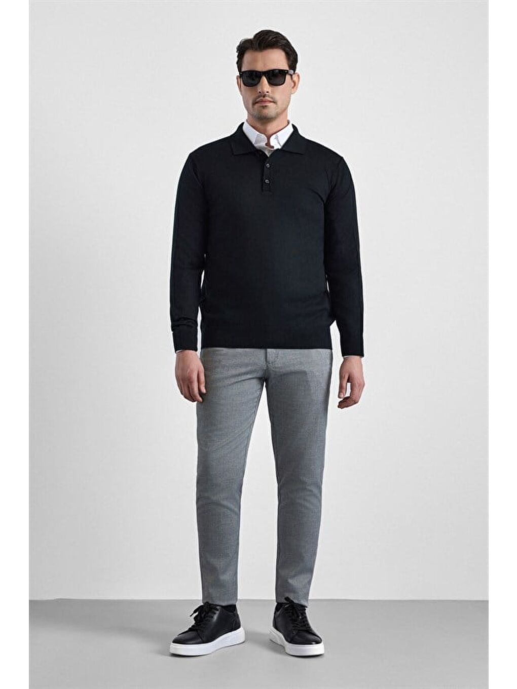 Siyah Regular Düz Düğmeli Polo Yaka Kazak-2