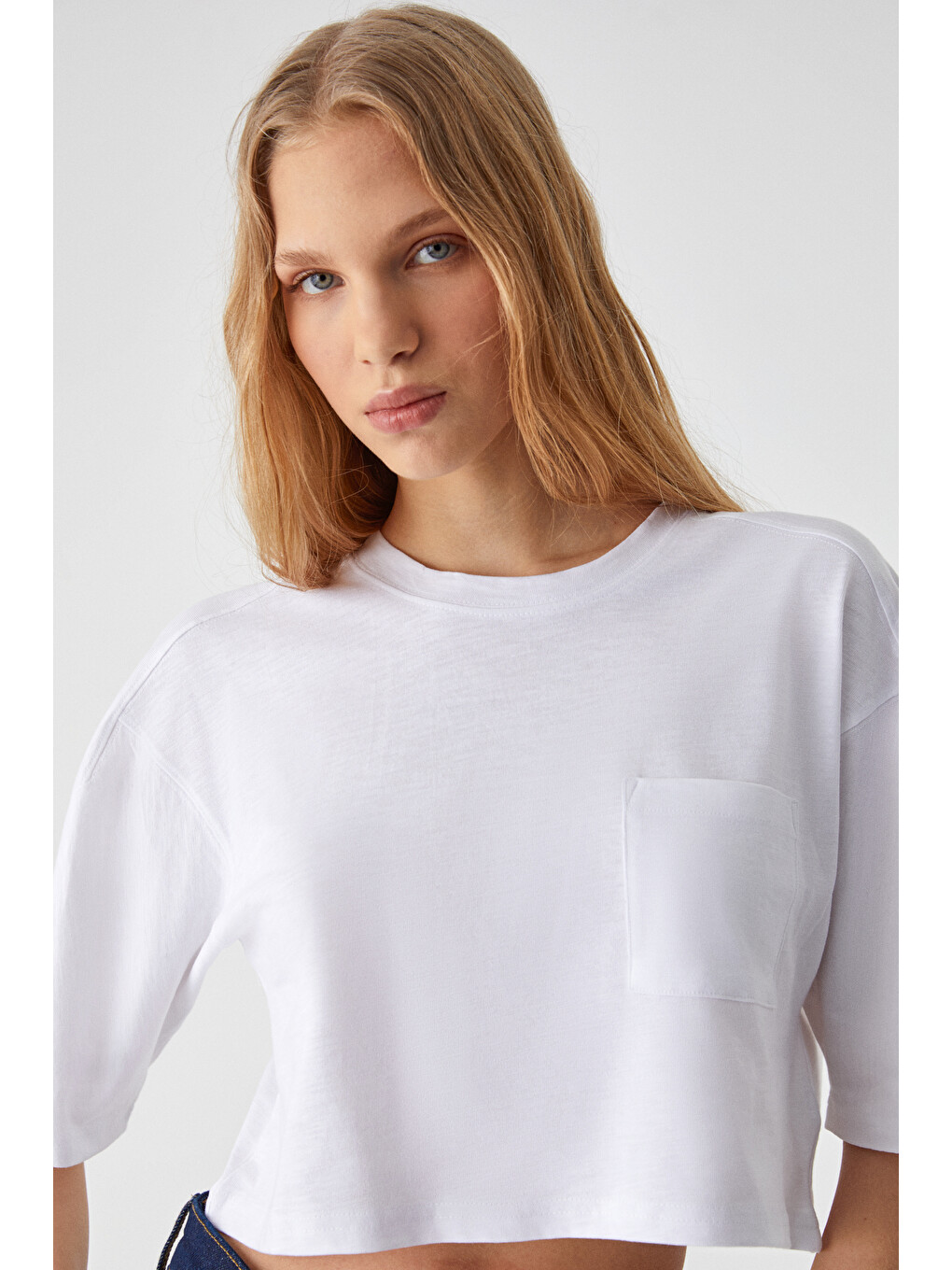 Qefkop Kadın %100 Pamuk Bisiklet Yaka Oversize Beyaz T-shirt-4