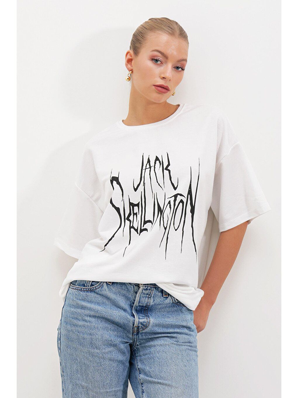 Beyaz İki İplik Jack Skellıngton Baskı T-SHİRT-2