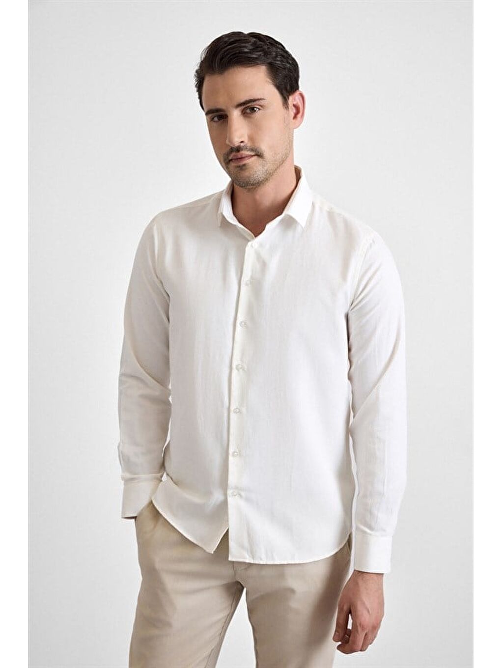 Ekru Slim Klasik Yaka Casual Gömlek-1