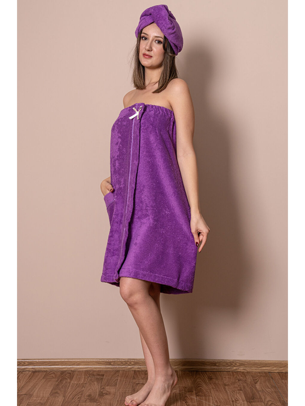 Mor Sauna Seti – Çıtçıtlı Banyo Havlusu & Düğmeli Baş Havlusu (Bone)-2