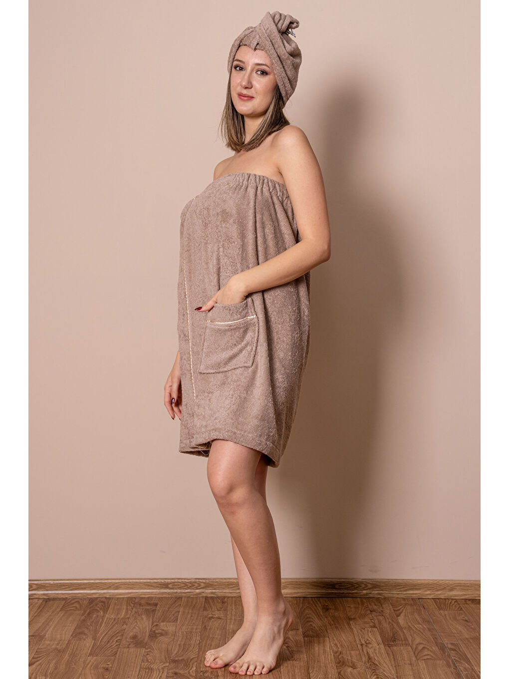 Kahverengi Sauna Seti – Çıtçıtlı Banyo Havlusu & Düğmeli Baş Havlusu (Bone)-2