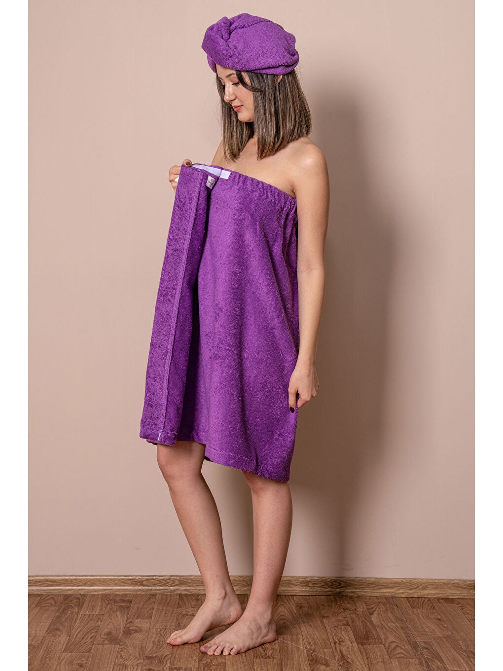 Mor Sauna Seti – Çıtçıtlı Banyo Havlusu & Düğmeli Baş Havlusu (Bone)-3