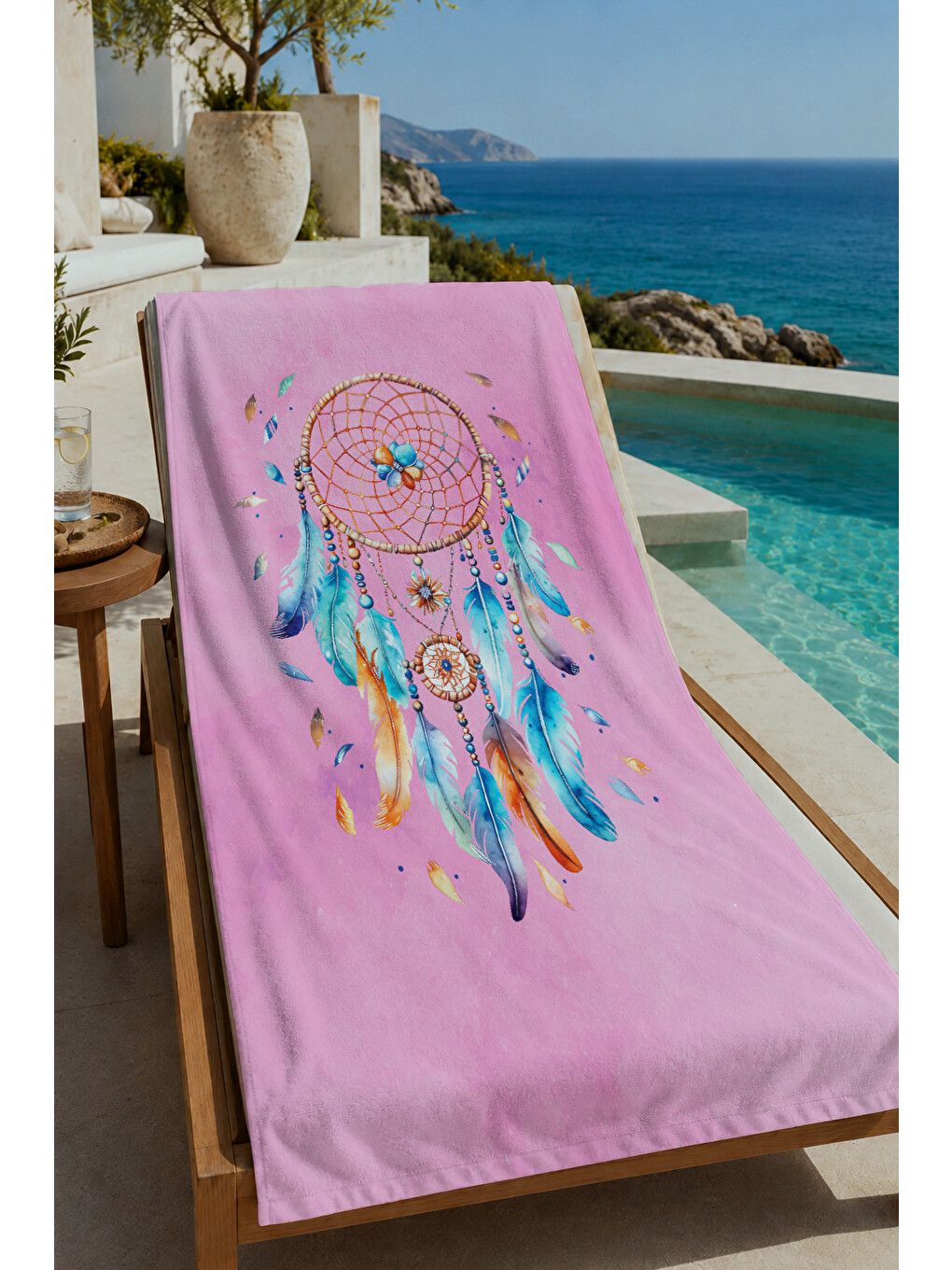 Gri Pembe Bohem Rüya Kapanı Desenli 70x150 Cm Dijital Baskılı Plaj Ve Banyo Havlusu