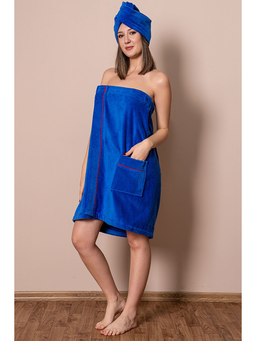 Yeşil Sauna Seti – Çıtçıtlı Banyo Havlusu & Düğmeli Baş Havlusu (Bone)-1