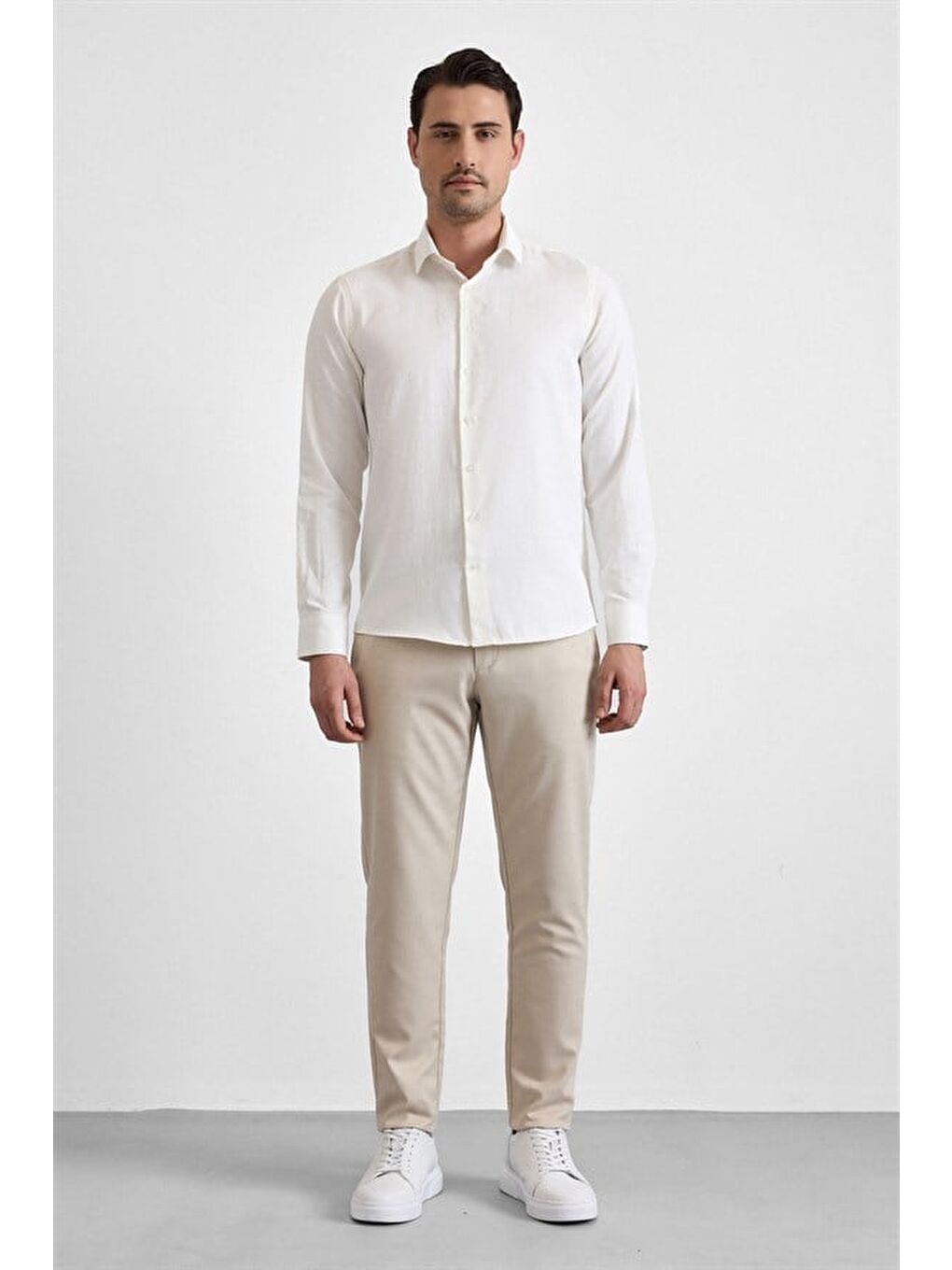 Ekru Slim Klasik Yaka Casual Gömlek-5