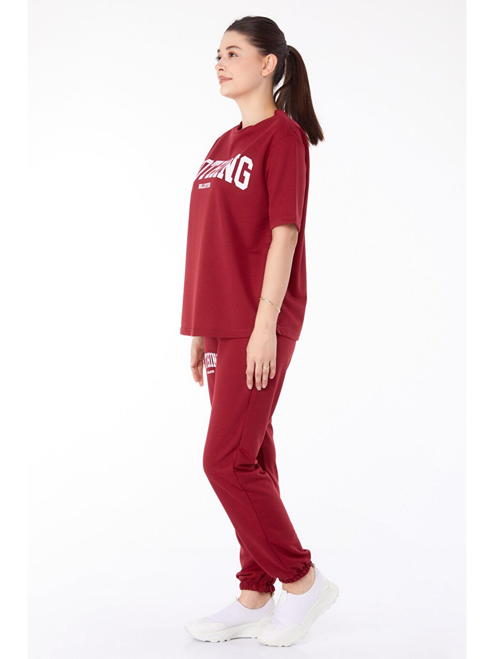 TOFİSA Bordo Düz Bisiklet Yaka Kadın Bordo T-shirt +Pantolon İkili Takım - 13199 - 3