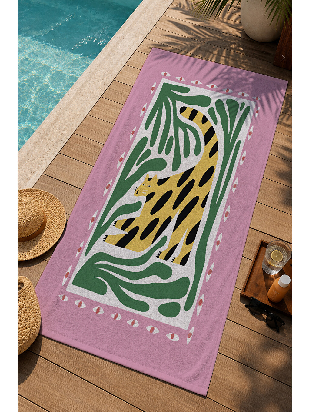 Pembe Yeşil Leopar Ve Tropikal Yaprak Desenli 70x150 Cm Dijital Baskılı Plaj Ve Banyo Havlusu-2
