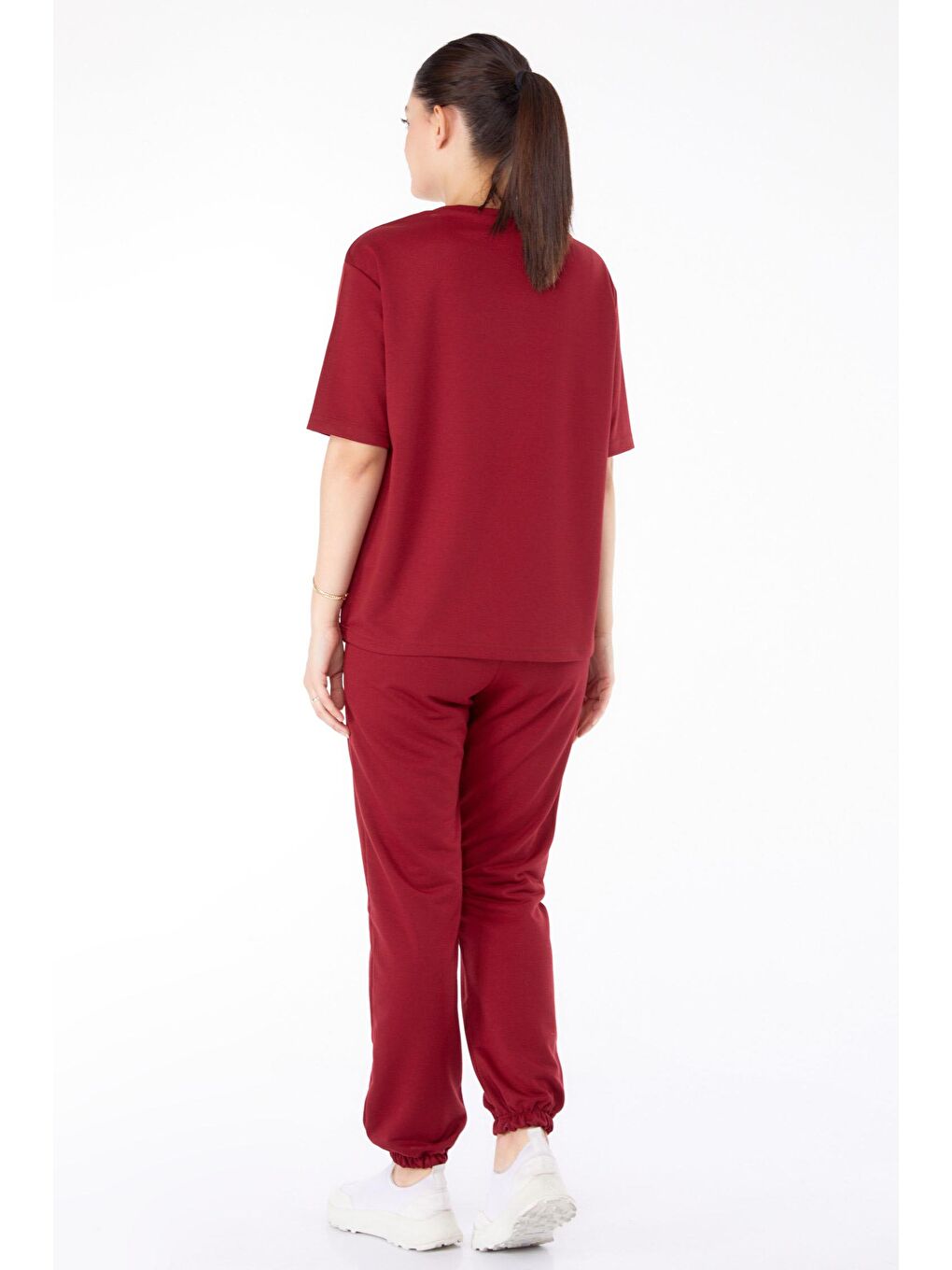 TOFİSA Bordo Düz Bisiklet Yaka Kadın Bordo T-shirt +Pantolon İkili Takım - 13199 - 4