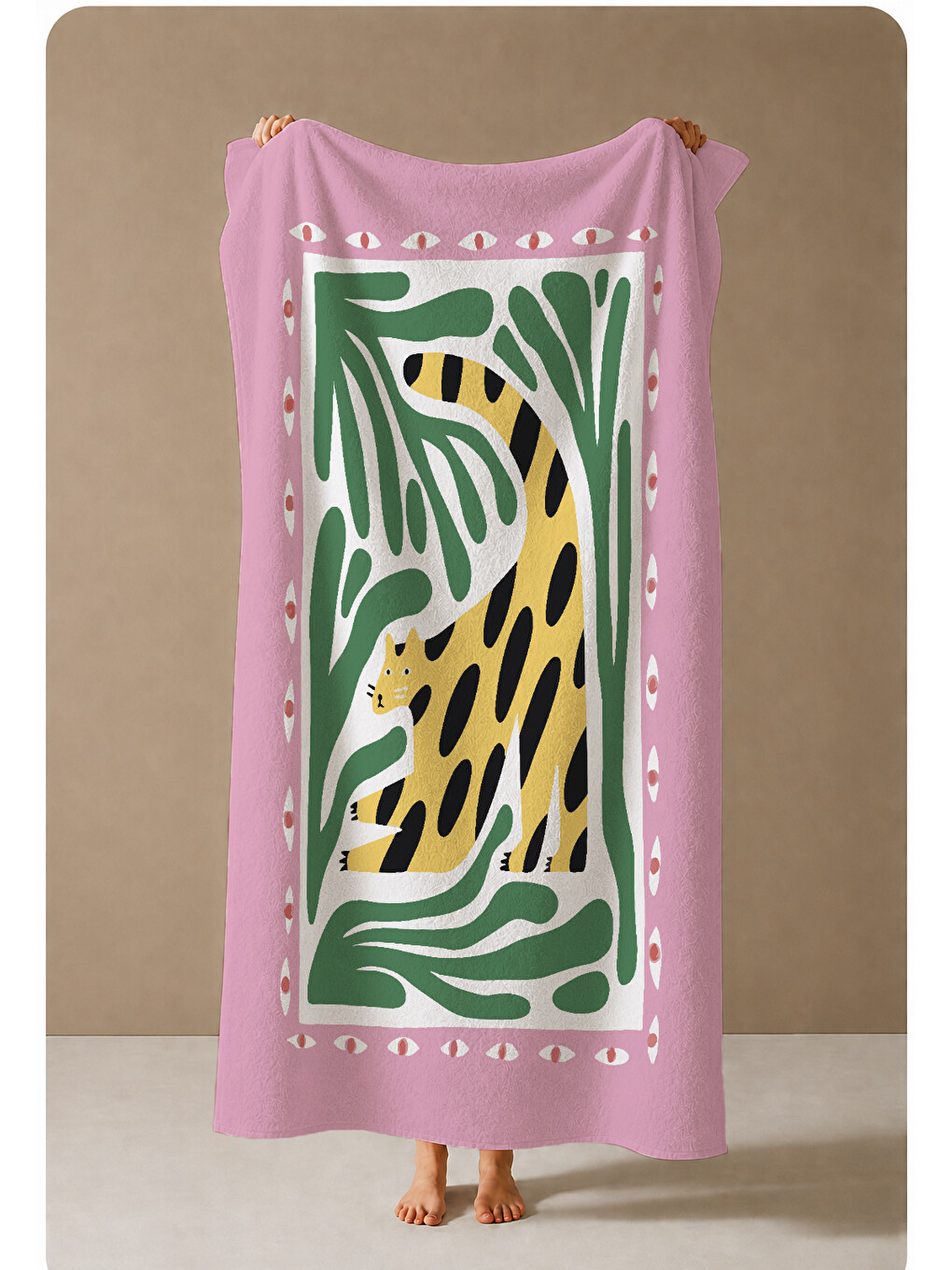 Pembe Yeşil Leopar Ve Tropikal Yaprak Desenli 70x150 Cm Dijital Baskılı Plaj Ve Banyo Havlusu-3