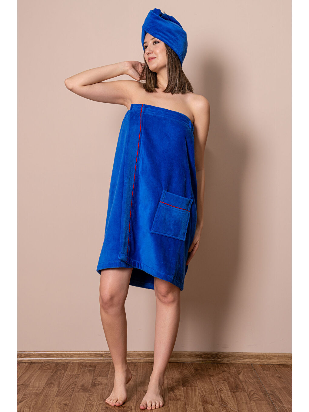 Yeşil Sauna Seti – Çıtçıtlı Banyo Havlusu & Düğmeli Baş Havlusu (Bone)-3