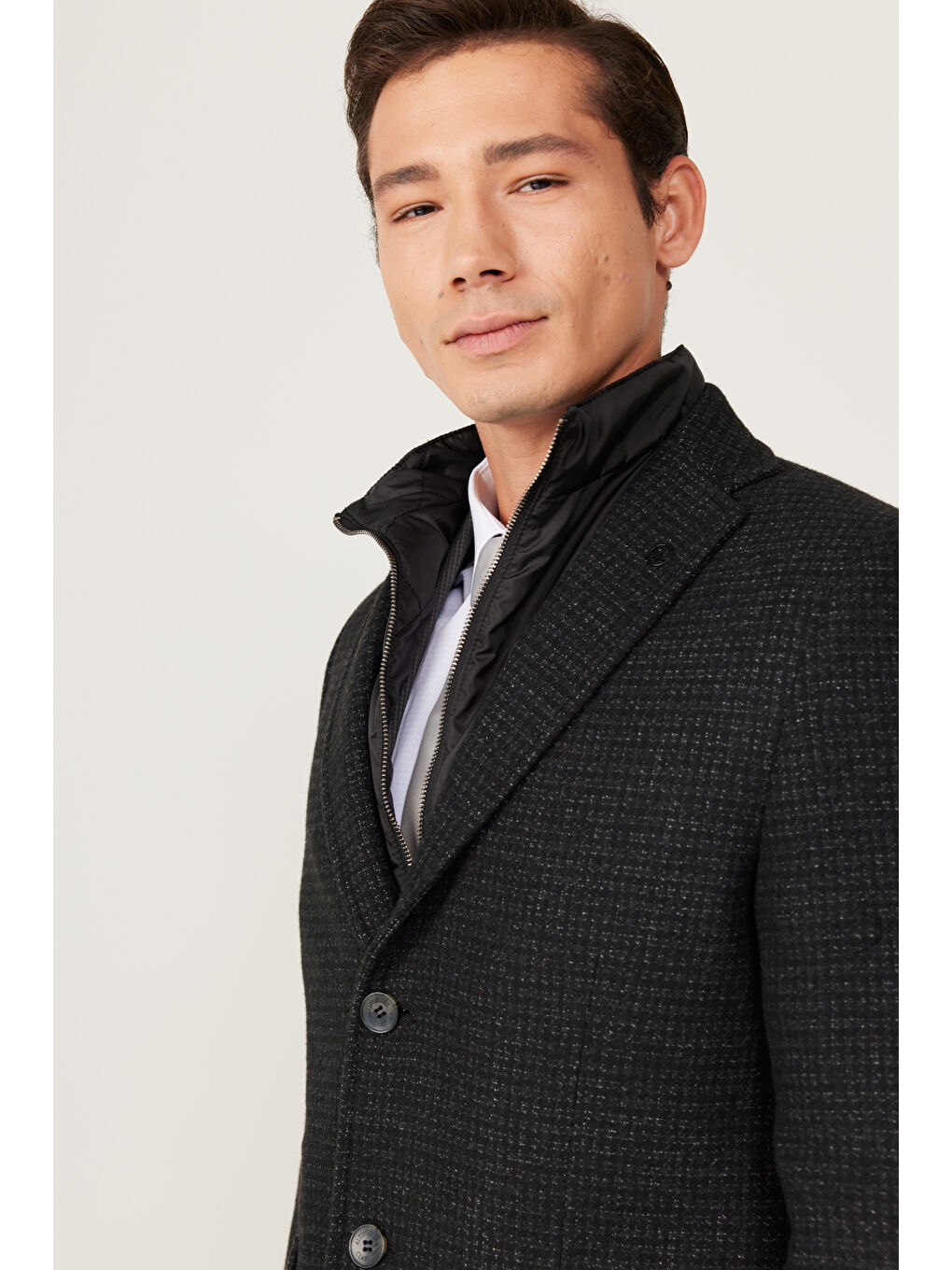 Erkek Siyah Standart Fit Mono Yaka Yünlü Soğuk Geçirmez Kaşe Kaban-5