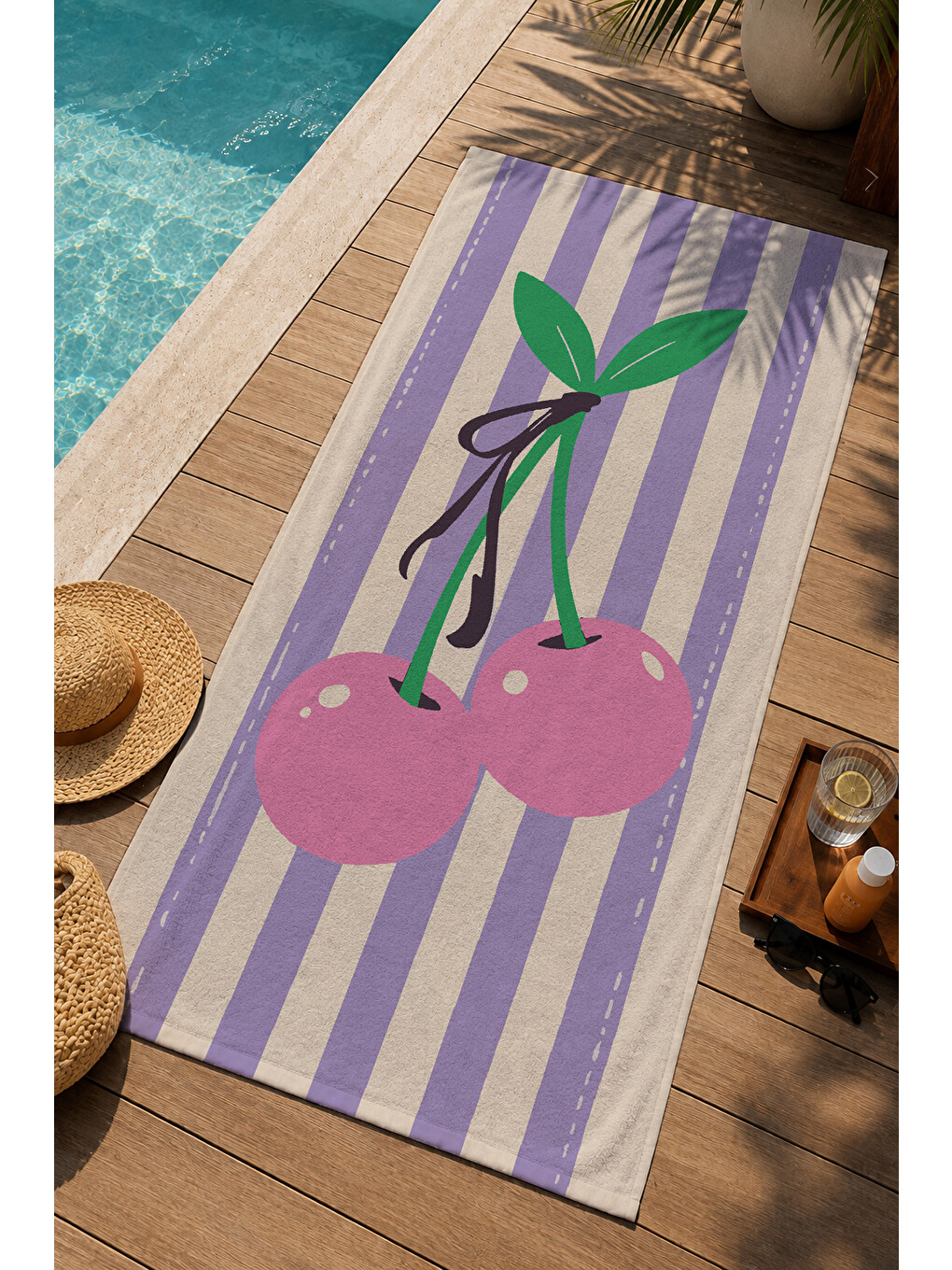 Milbay Grup Lila Beyaz Çizgili Büyük Kiraz Desenli 70x150 Cm Dijital Plaj Ve Banyo Havlusu-37360-2