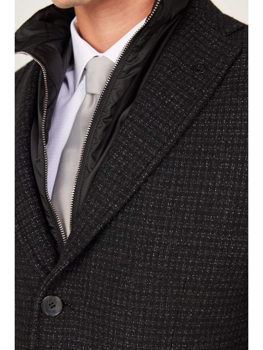 Erkek Siyah Standart Fit Mono Yaka Yünlü Soğuk Geçirmez Kaşe Kaban-6