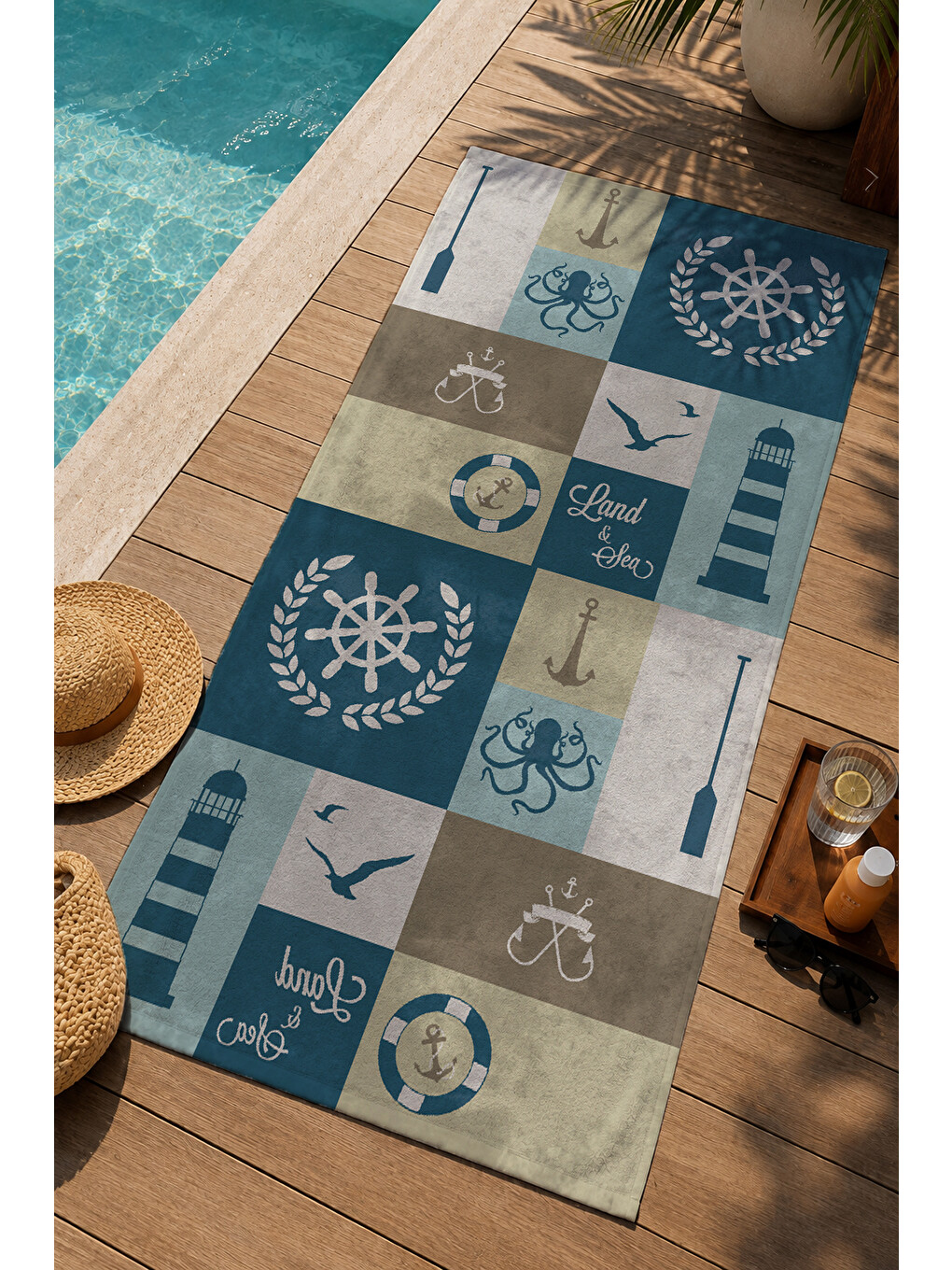 Lacivert Bej Denizci Patchwork Dümen Fener Desenli 70x150 Cm Dijital Baskılı Plaj Ve Banyo Havlusu-2