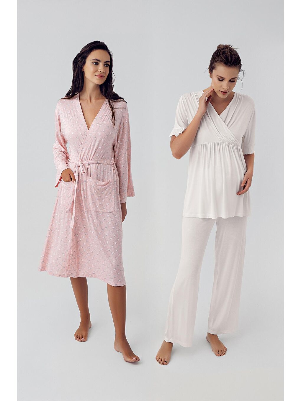 Pembe Kısa Kollu Kalp Desenli Esnek Elastanlı Viskoz Hamile Sabahlık Pijama Takım 23113