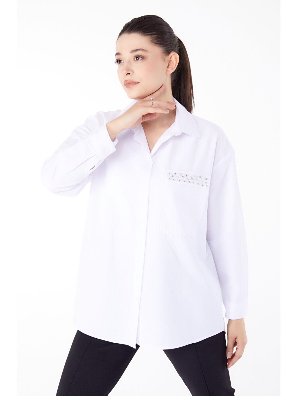 Gömlek Yaka Kadın Beyaz Taş Detaylı Gömlek - 13194