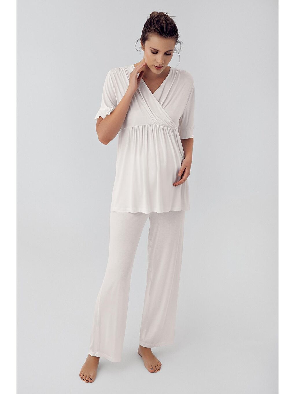 Pembe Kısa Kollu Kalp Desenli Esnek Elastanlı Viskoz Hamile Sabahlık Pijama Takım 23113-1