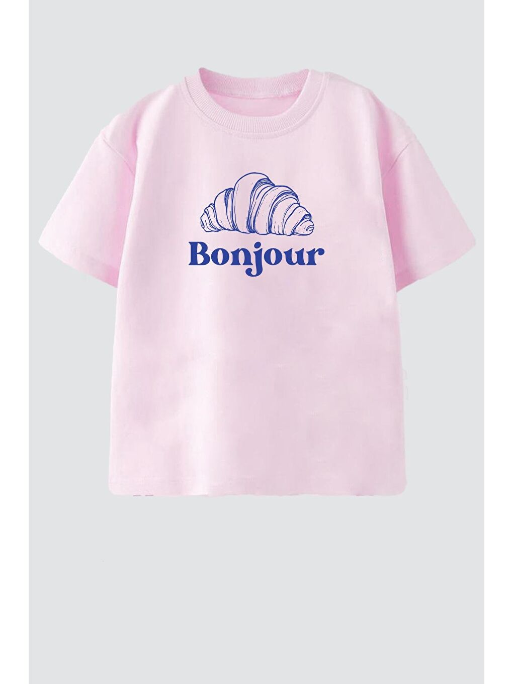 Pembe Kız Çocuk Bisiklet Yaka Kruvasan Baskılı Tshirt