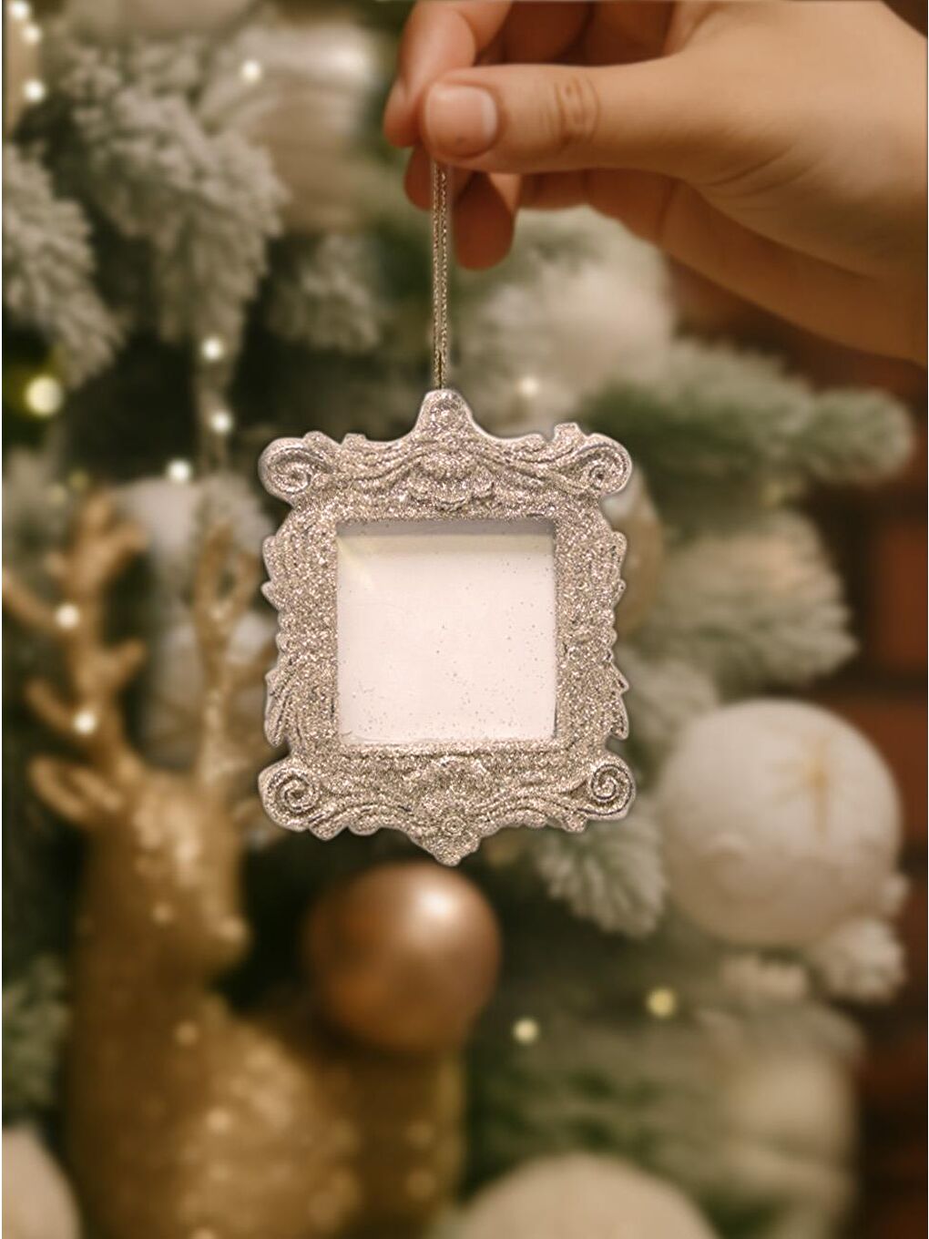Kahverengi Yılbaşı Ağaç Süsü Simli Çerçeve Asılabilir Dekoratif Süs Açık Krem 10 cm