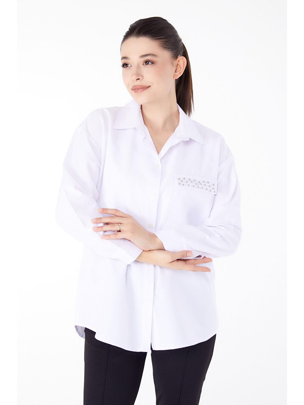 Gömlek Yaka Kadın Beyaz Taş Detaylı Gömlek - 13194-1
