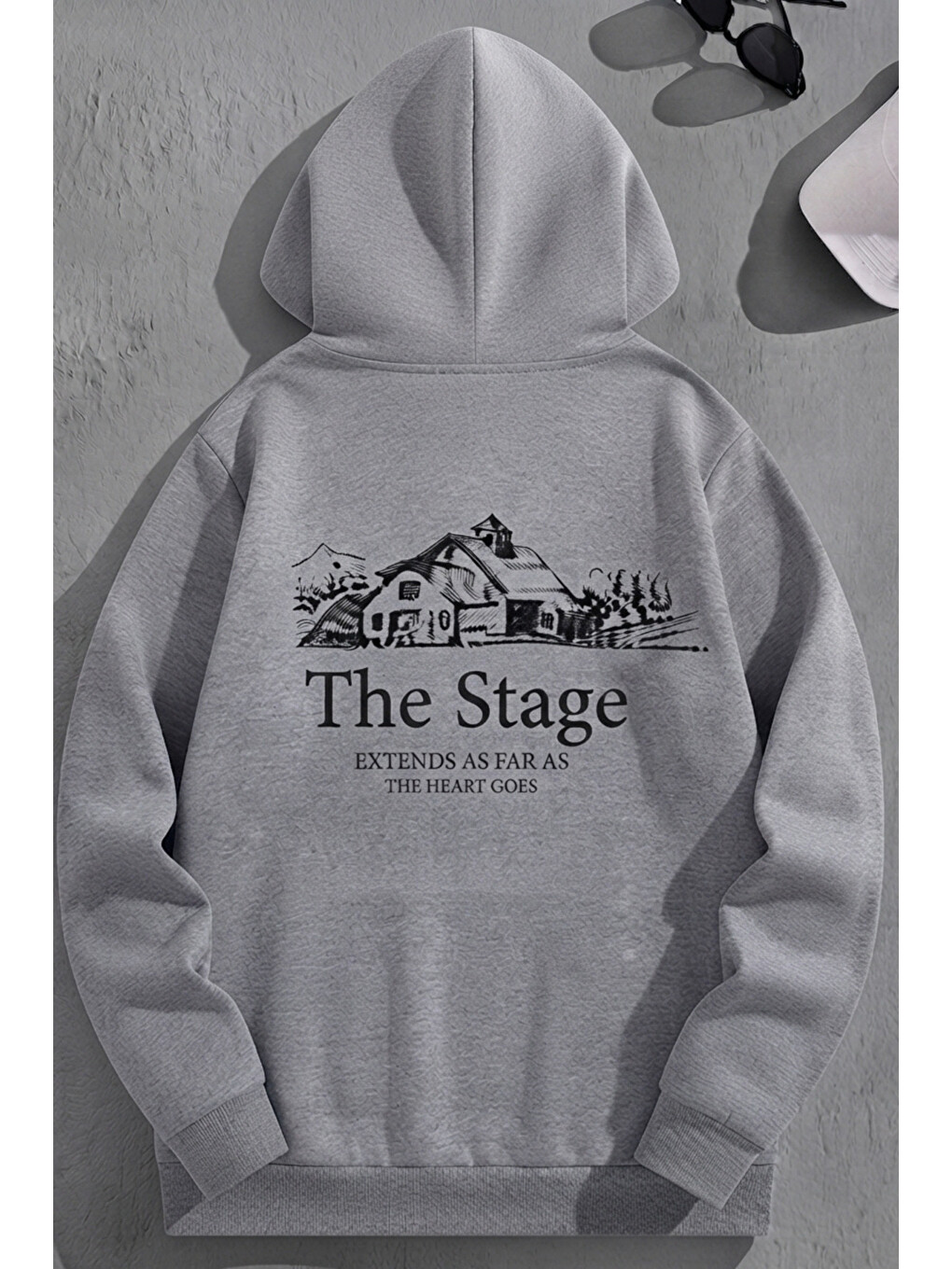 Unisex 3 İplik Pamuklu Gri Bol Kalıp The Stage Baskı Sweatshirt Hoodie