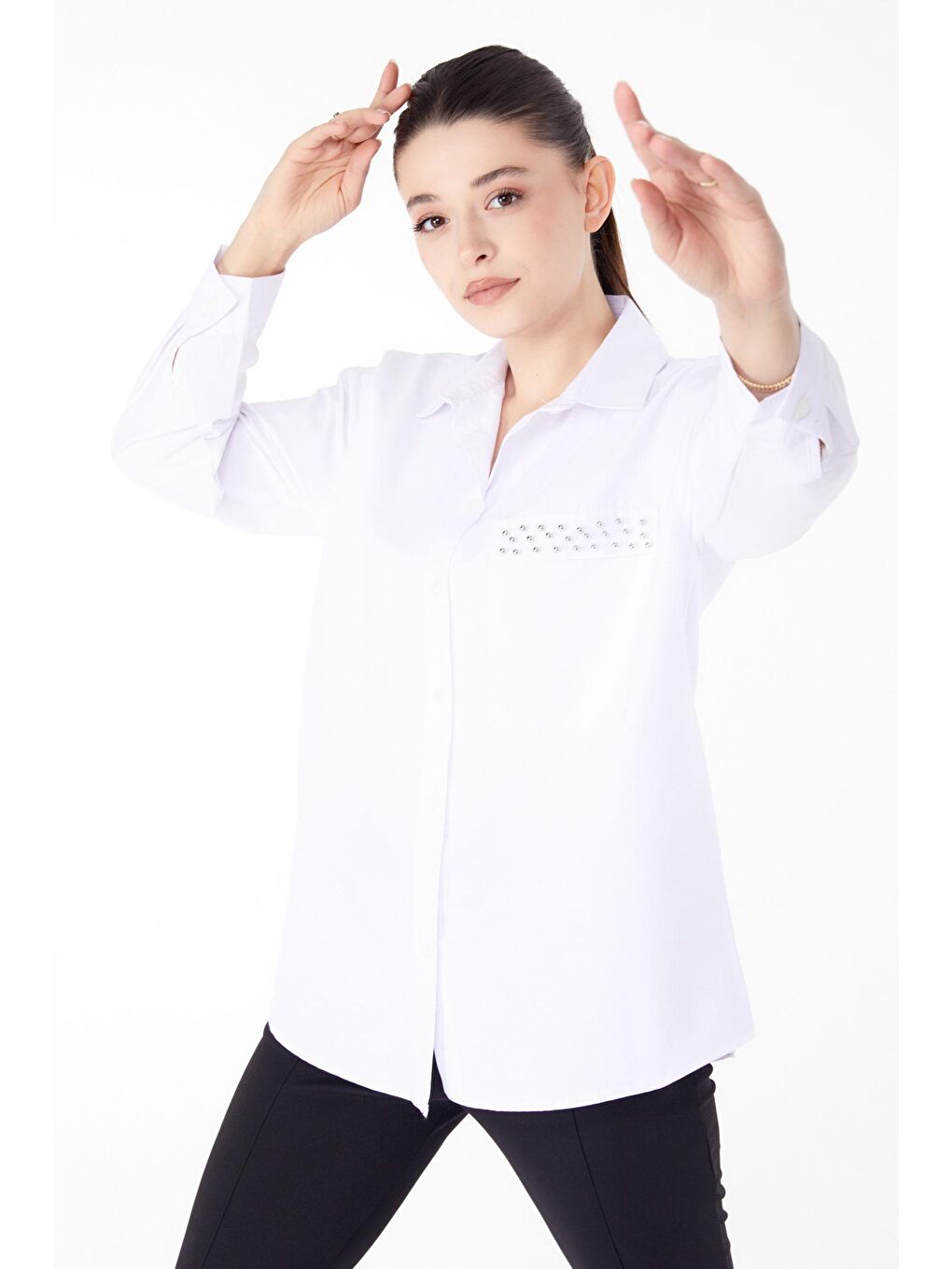 Gömlek Yaka Kadın Beyaz Taş Detaylı Gömlek - 13194-2