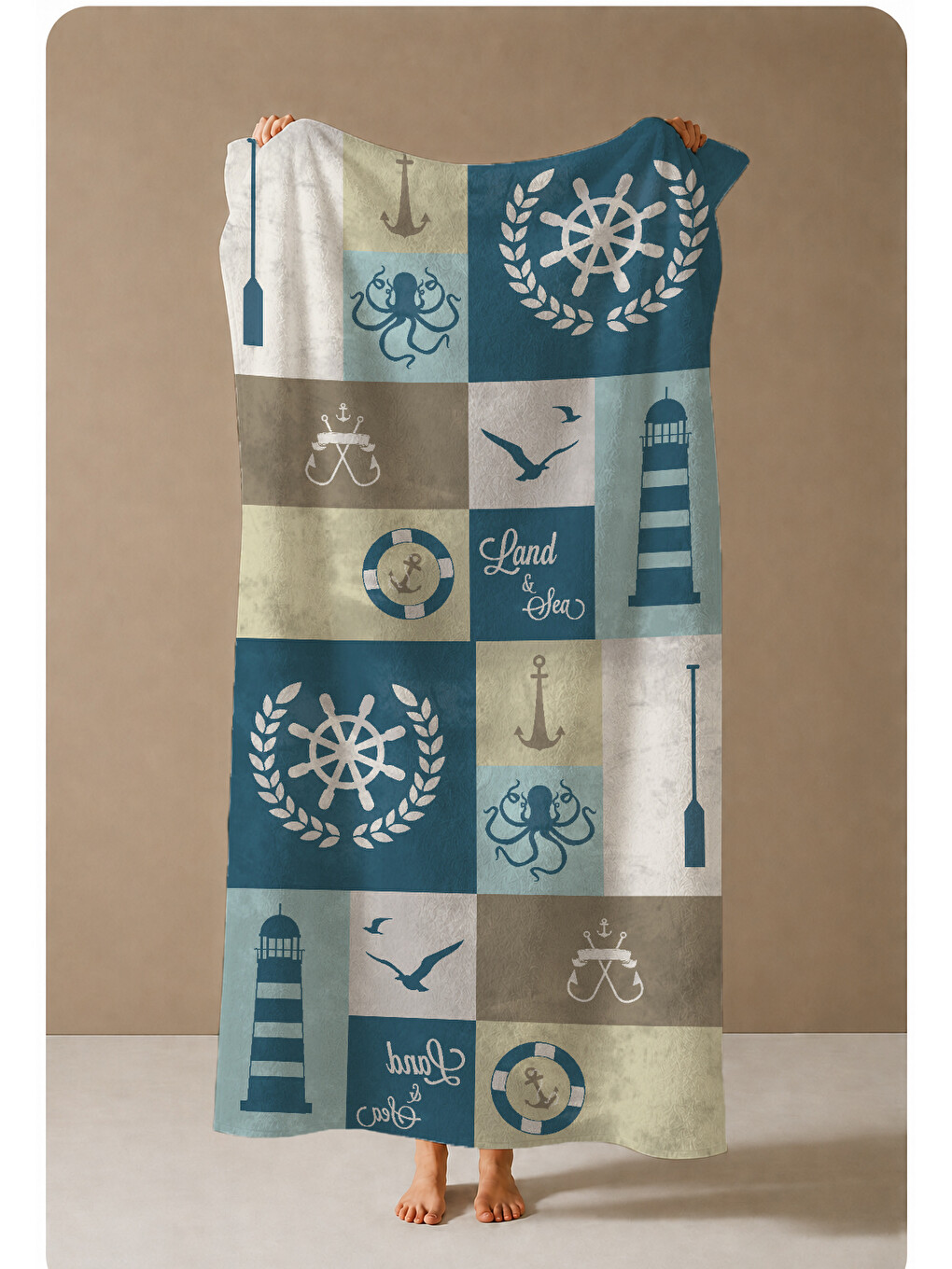 Lacivert Bej Denizci Patchwork Dümen Fener Desenli 70x150 Cm Dijital Baskılı Plaj Ve Banyo Havlusu-3