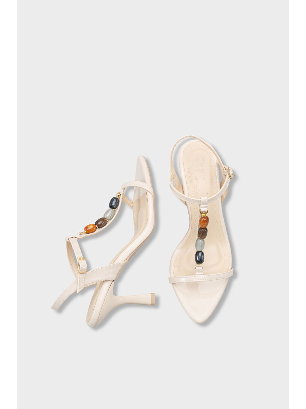 Bej Cassy Sivri Burunlu Taşlı Bilekten Bantlı Orta Topuklu Kadın Ayakkabı-4