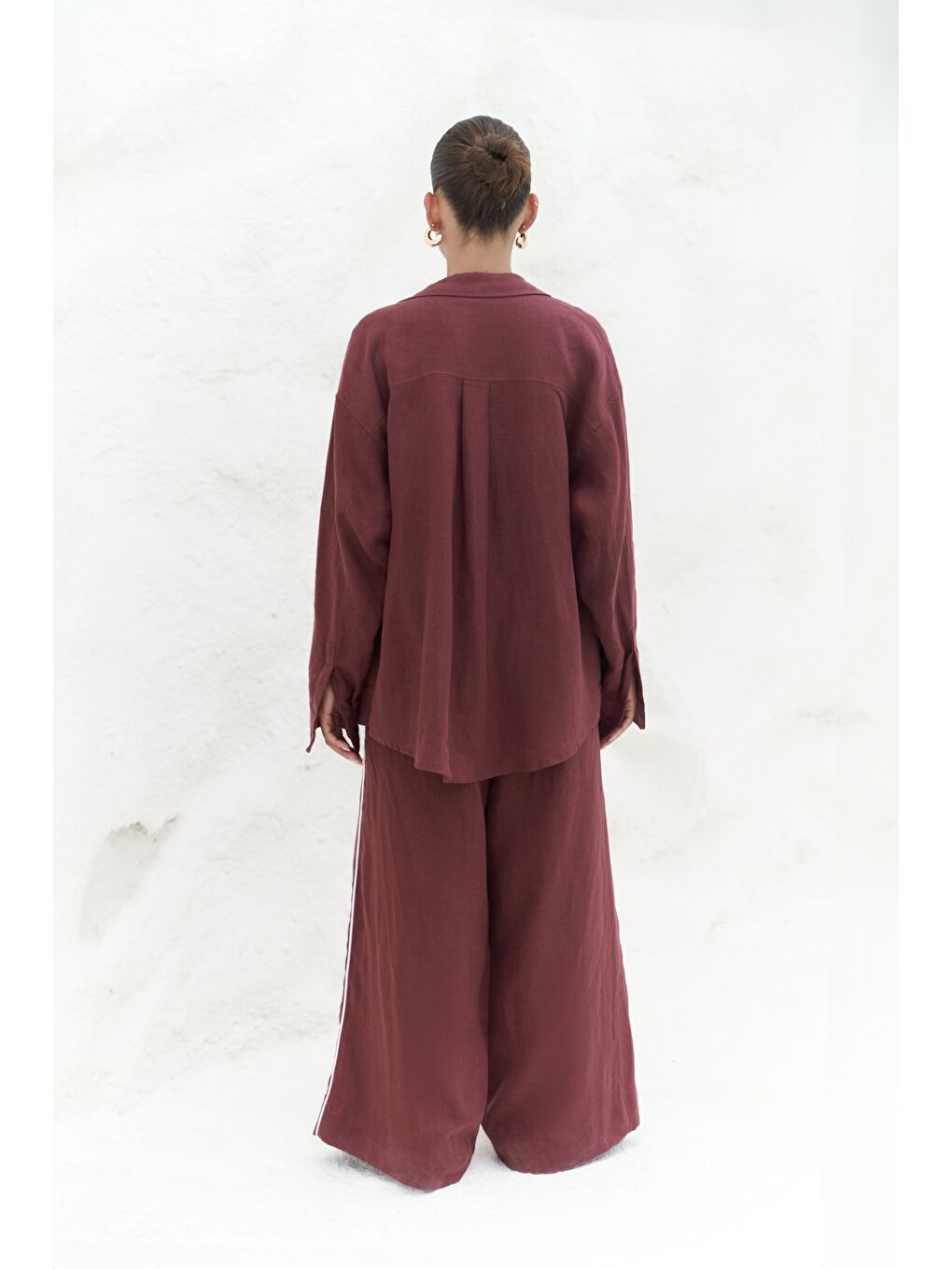 Orchidea Oversize Bordo Keten Gömlek Takım-1