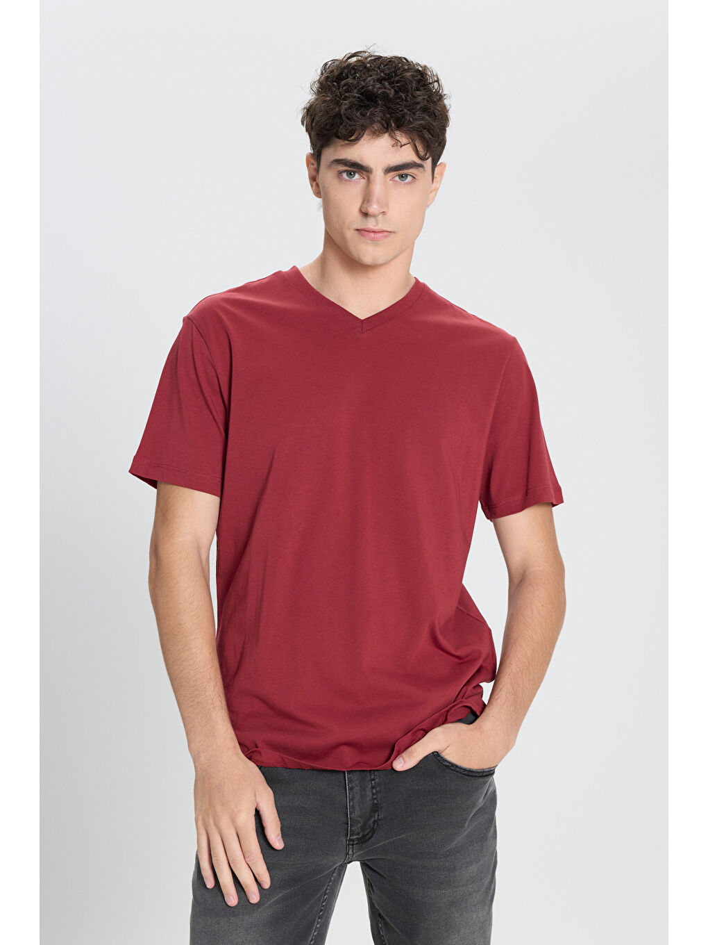 Erkek Bordo Slim Fit Dar Kesim V Yaka Pamuklu V Yaka Kısa Kollu Tişört