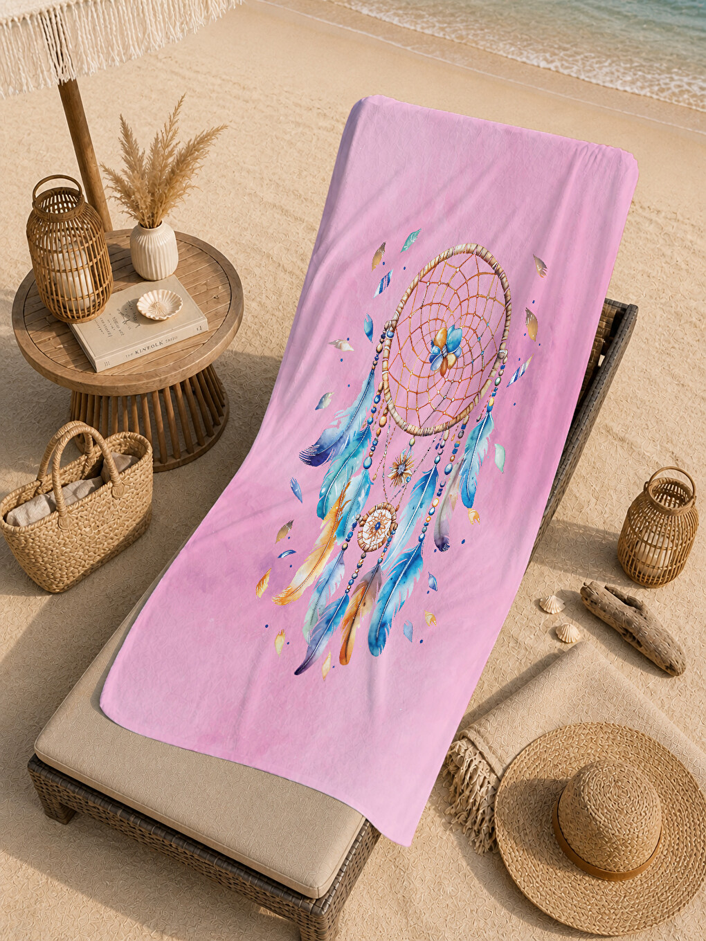 Gri Pembe Bohem Rüya Kapanı Desenli 70x150 Cm Dijital Baskılı Plaj Ve Banyo Havlusu-4