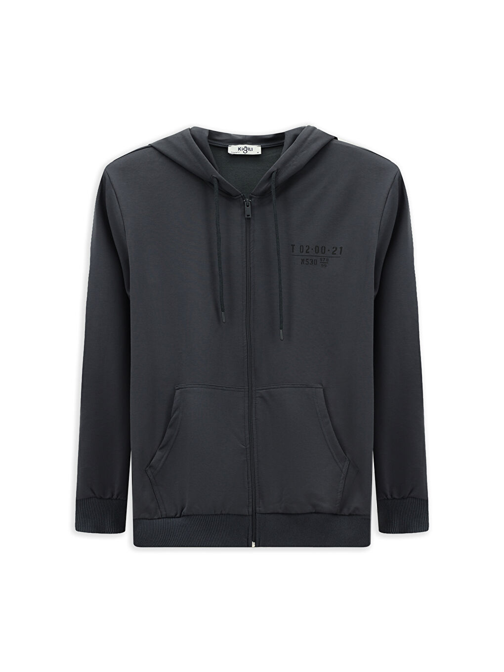 Gri Kapüşonlu Regular Fit Fermuarlı Baskılı Pamuklu Büyük Beden Sweatshirt