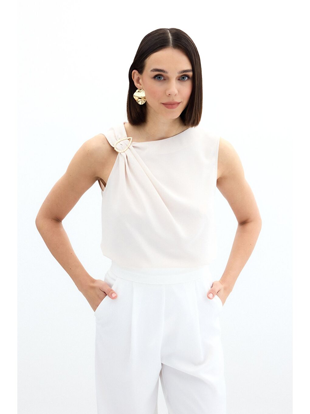 Tek Omuz Detaylı Bluz - Bej-1