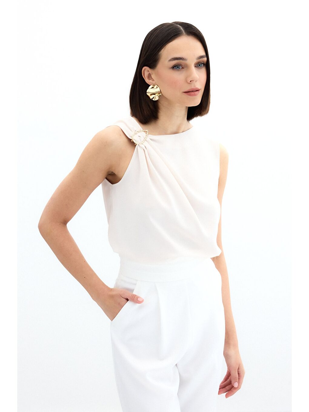 Tek Omuz Detaylı Bluz - Bej-2